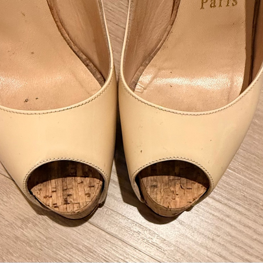 Christian Louboutin Cream Patent Slingback Cork Platform Heels - Picture 2 of 8